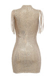 Абрикосовое сексуальное лоскутное платье с кисточками и блестками, половина водолазки, платье без рукавов, платья