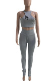 Grey Casual Print Vests Pants O Neck Sleeveless Two Pieces