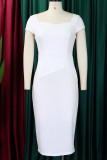 ホワイト エレガント ソリッド パッチワーク スクエア カラー ワンステップ スカート ドレス