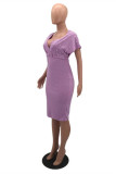 Light Purple Fashion Solid Beading V Neck Short Sleeve Dress
