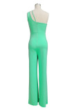 Green Casual Solid Patchwork Backless Oblique Collar Regular Jumpsuits