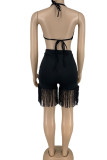 Black Sexy Solid Tassel Patchwork Halter Sleeveless Two Pieces