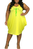 Yellow Casual Print Patchwork V Neck Vest Dress Plus Size Dresses