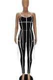 Black Sexy Solid Patchwork Strap Design Spaghetti Strap Sleeveless Two Pieces
