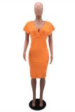 Оранжевое модное однотонное платье с V-образным вырезом и короткими рукавами