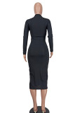 Black Sexy Solid Hollowed Out Half A Turtleneck Long Sleeve Dresses