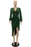 Grön Casual Solid Patchwork Vik V-hals långärmade klänningar