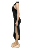 ブラック ファッション セクシー ソリッド バックレス ホルター ノースリーブ ドレス ドレス