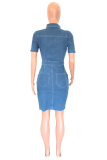 Deep Blue Sexy Solid Patchwork Pocket Knotted Turndown Collar Short Sleeve Mid Waist Skinny Denim Dresses