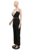 Black Sexy Casual Patchwork Hot Drilling Backless Strapless Regular Jumpsuits