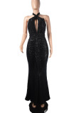 Champagne Sexy Solid Sequins Patchwork Backless Halter Evening Dress Dresses