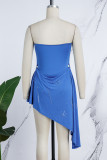 Vestidos de festa azul sexy patchwork perfuração quente sem costas sem alças irregulares