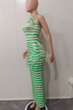 Vestidos de falda de lápiz de patchwork con estampado de rayas sexy verde