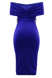 Синие повседневные однотонные платья в стиле пэчворк с поясом и V-образным вырезом