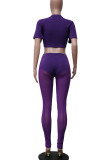 Purple Sexy Solid Patchwork See-through O Neck Short Sleeve Two Pieces