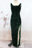 Tintengrün Sexy Elegant Solid Quaste Pailletten Patchwork Schlitz U-Ausschnitt Abendkleid Kleider