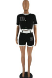Black Casual Street Solid Embroidered Patchwork Buckle Cardigan Collar Short Sleeve Two Pieces