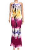 Rose Red Sexy Print Hollowed Out Patchwork Halter Straight Dresses