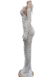 Vestidos de falda de lápiz halter con pliegues de patchwork sólido sexy blanco (incluida la manga)