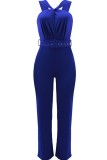 Blauw Casual Solid Patchwork Blote rug met riem V-hals Normale jumpsuits