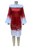 White Red Elegant Print Patchwork Feathers Off the Shoulder One Step Skirt Dresses