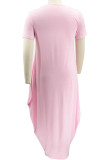 Pink Casual Print Patchwork Asymmetrical O Neck Short Sleeve Dress Plus Size Dresses