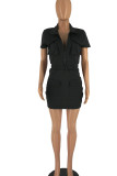 Black Casual Solid Patchwork Pocket Zipper Turndown Collar One Step Skirt Dresses
