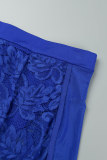 Blauw sexy effen patchwork doorzichtige rugloze spaghettibandjes mouwloos tweedelig