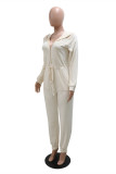 ホワイト ファッション カジュアル ソリッド 包帯 パッチワーク ジッパー カラー レギュラー ジャンプスーツ