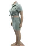 Light Green Casual Solid Patchwork Buckle Turndown Collar Plus Size Two Pieces