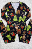 Macacão skinny com estampa de retalhos de festa sexy cáqui Papai Noel com decote em V