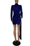 Bleu Sexy élégant solide Patchwork asymétrique paillettes col rond robe irrégulière robes