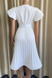 White Casual Solid Patchwork Fold V Neck Straight Dresses
