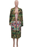 Camouflage Turndown Collar Letter Print Camouflage Patchwork Print Long Sleeve Coats & Cardigan