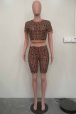 Dark Brown Sexy Street Geometric Patchwork O Neck Short Sleeve Two Pieces