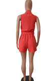 Orange Casual Solid Patchwork Without Belt Turndown Collar Regular Rompers (Without Belt)
