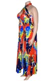 Blue Sexy Print Hollowed Out Backless Slit Halter Plus Size Two Pieces