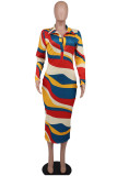 Gula Casual Print Patchwork Turndown-krage långärmade klänningar