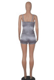 Silver Sexig Solid Patchwork Spaghetti Strap Skinny Rompers