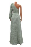 Green Casual Striped Print Hollowed Out Backless Slit Oblique Collar Long Dress Dresses