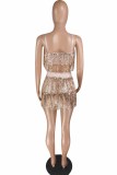 Gold Sexy Solid Two Piece Suits Sequin Patchwork tassel Straight Sleeveless Two-Piece Short Se