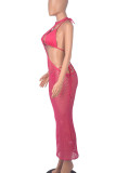 Rose Red Sexy Solid Hollowed Out Patchwork Swimwears Cover Up(Three Pieces)