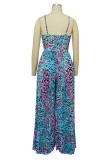 Baby Blue Sexy Print Patchwork Fold Spaghetti Strap Straight Jumpsuits