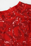 Röd sexig solid tofs urholkade paljetter Patchwork Asymmetrisk aftonklänning