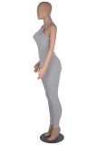 Grey Sexy Casual Solid Backless O Neck Skinny Jumpsuits