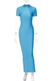 Blue Sexy Solid Basic Half A Turtleneck Short Sleeve Dress Dresses