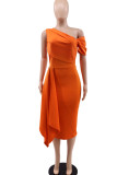 Tangerine Red Elegant Solid Patchwork Oblique Collar Evening Dress Dresses