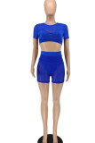 Blue Sexy Solid Patchwork See-through O Neck Short Sleeve Two Pieces