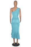 Sky Blue Street Solid Flounce One Shoulder Irregular Dress Dresses
