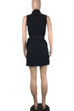 Black Casual Solid Patchwork Asymmetrical Turndown Collar Dresses